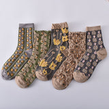 5 Pairs Women Autumn Vintage Flower Jacquard Socks