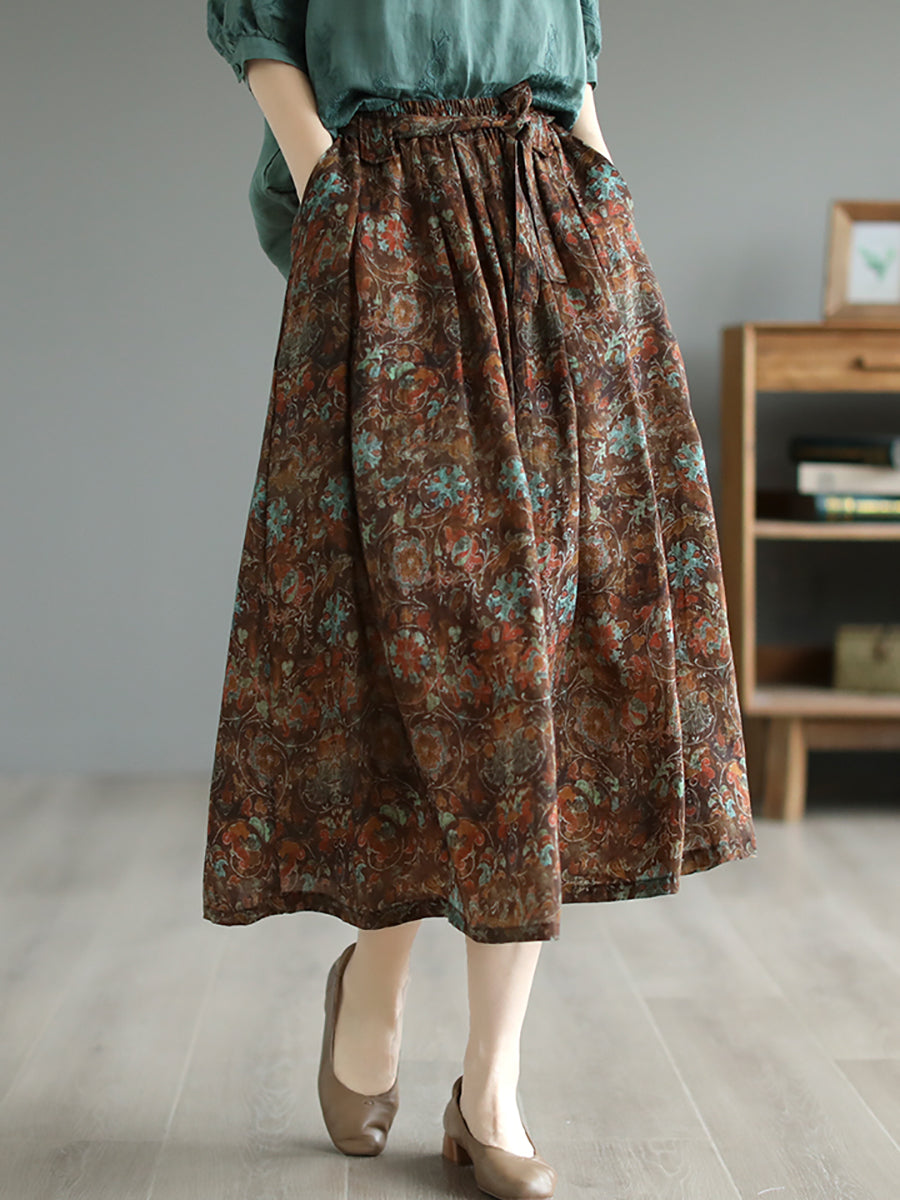 Women Vintage Floral Drawstring Pocket Loose Ramie Skirt
