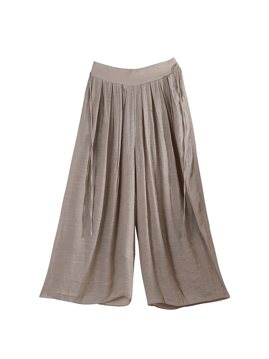 Women Vintage Solid Pleat Drawstring Pocket Wide-leg Pants