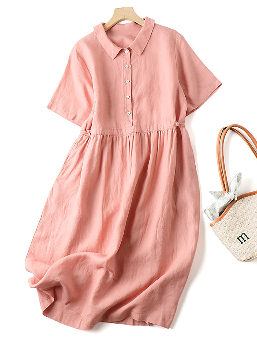 Women Commute Solid Summer Button Loose Linen Dress