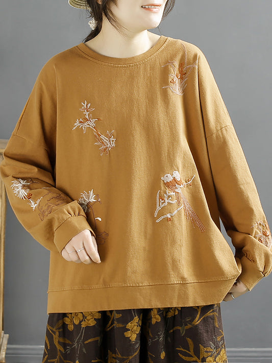 Women Spring Bird Embroidery Cotton Vintage Shirt