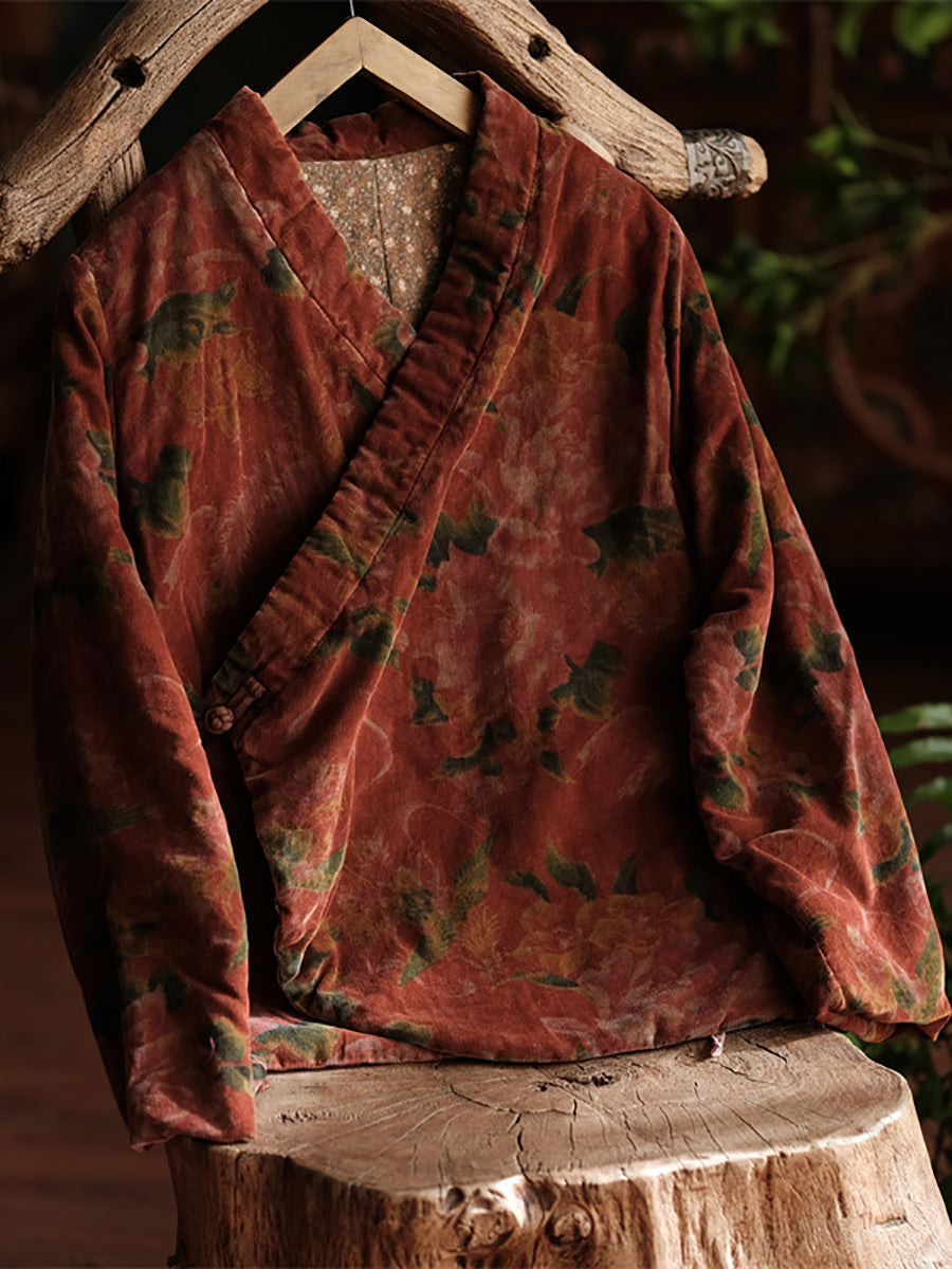 Women Vintage Floral V-Neck Cotton Padded Coat