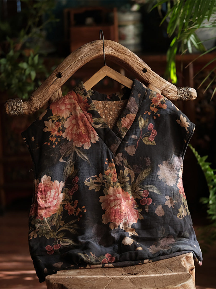Women Ethnic Flower V-neck Cotton Paaded Vest