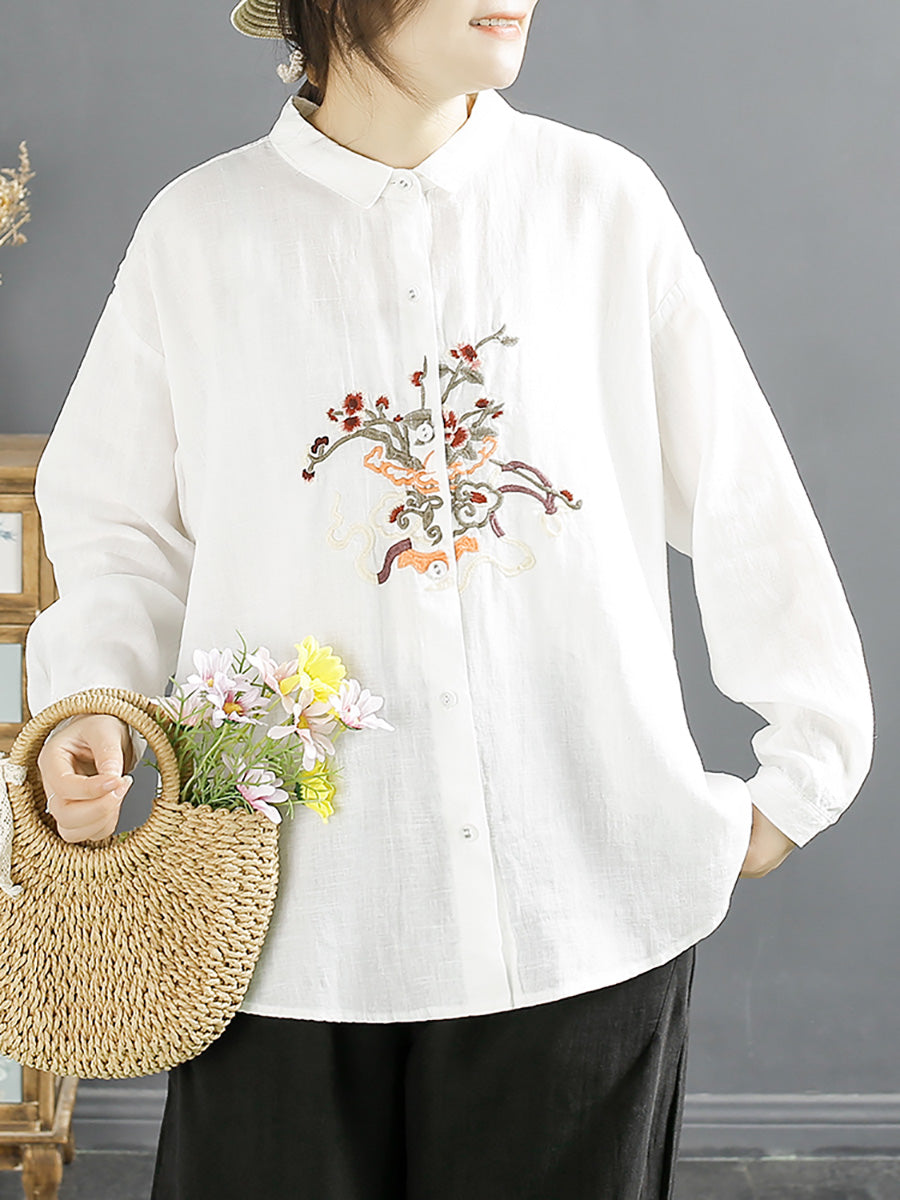 Women Spring Flower Embroidery Linen Shirt