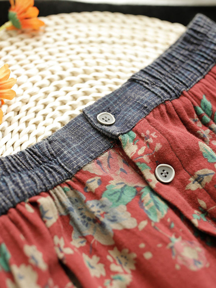 Pantalon ample à boutons et poches pour femmes, rétro, Floral, épissé, été