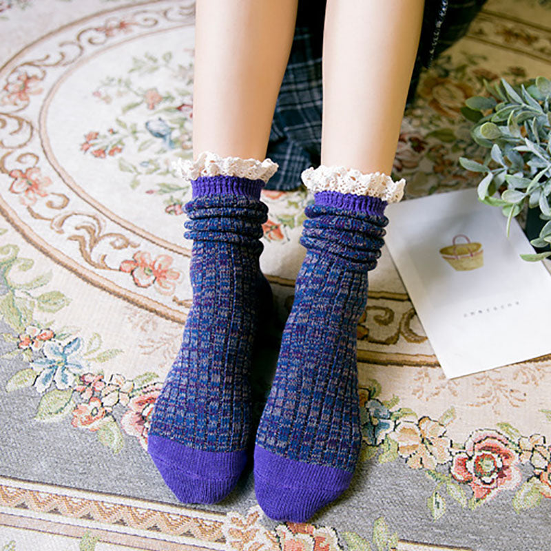 5 paires de chaussettes en dentelle à blocs de couleurs de style japonais pour femmes
