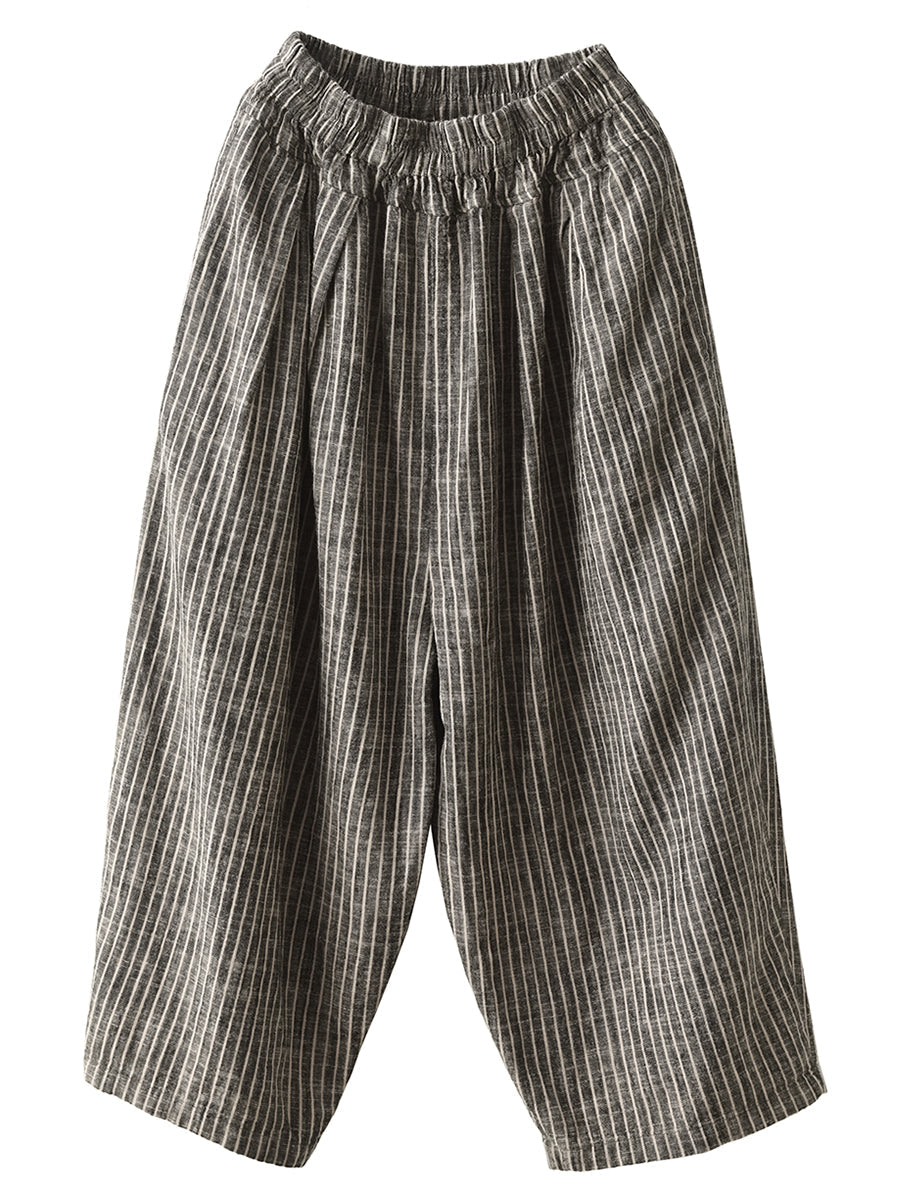 Pantalon sarouel en lin ample avec poches à rayures Vintage pour femmes, été