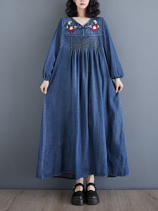 Women Summer Vintage Flower Embroidery Denim Dress