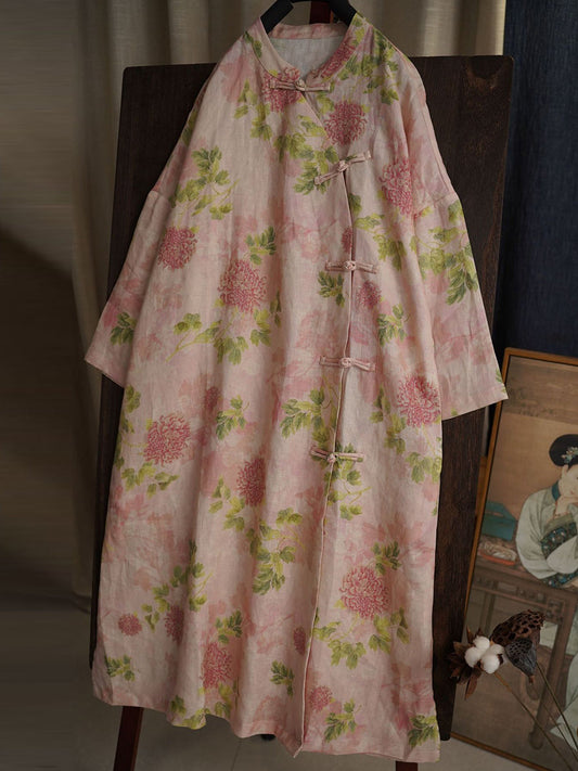 Women Ethnic Flower Crane Print Linen Robe Dress