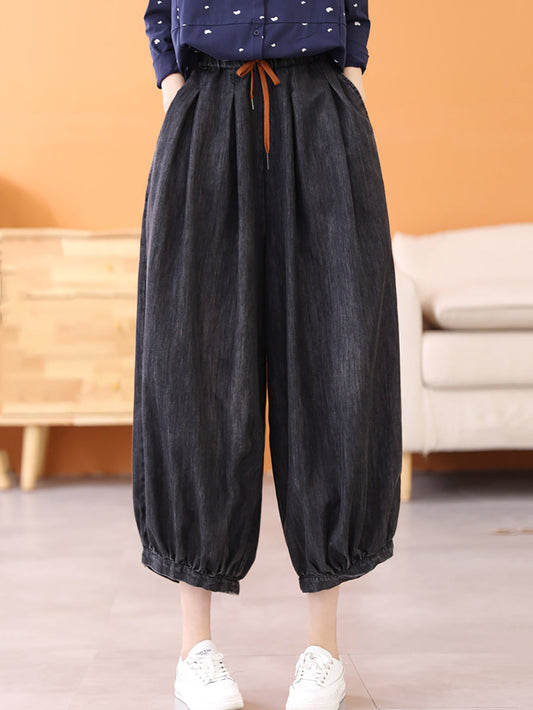 Pantalon sarouel rétro pour femmes, ample, couleur unie, cordon de serrage, été