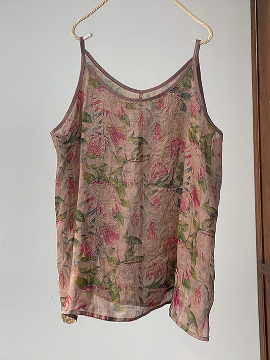 Women Summer Vintage Flower Ramie Thin Vest