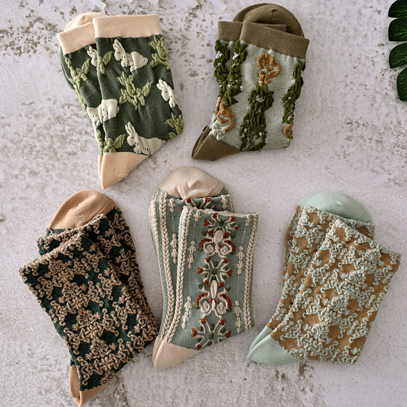 5 Pairs Women Spring Vintage Plant Jacquard Socks