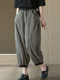 Women Summer Vintage Plaid Pocket Spliced Linen Harem Pants