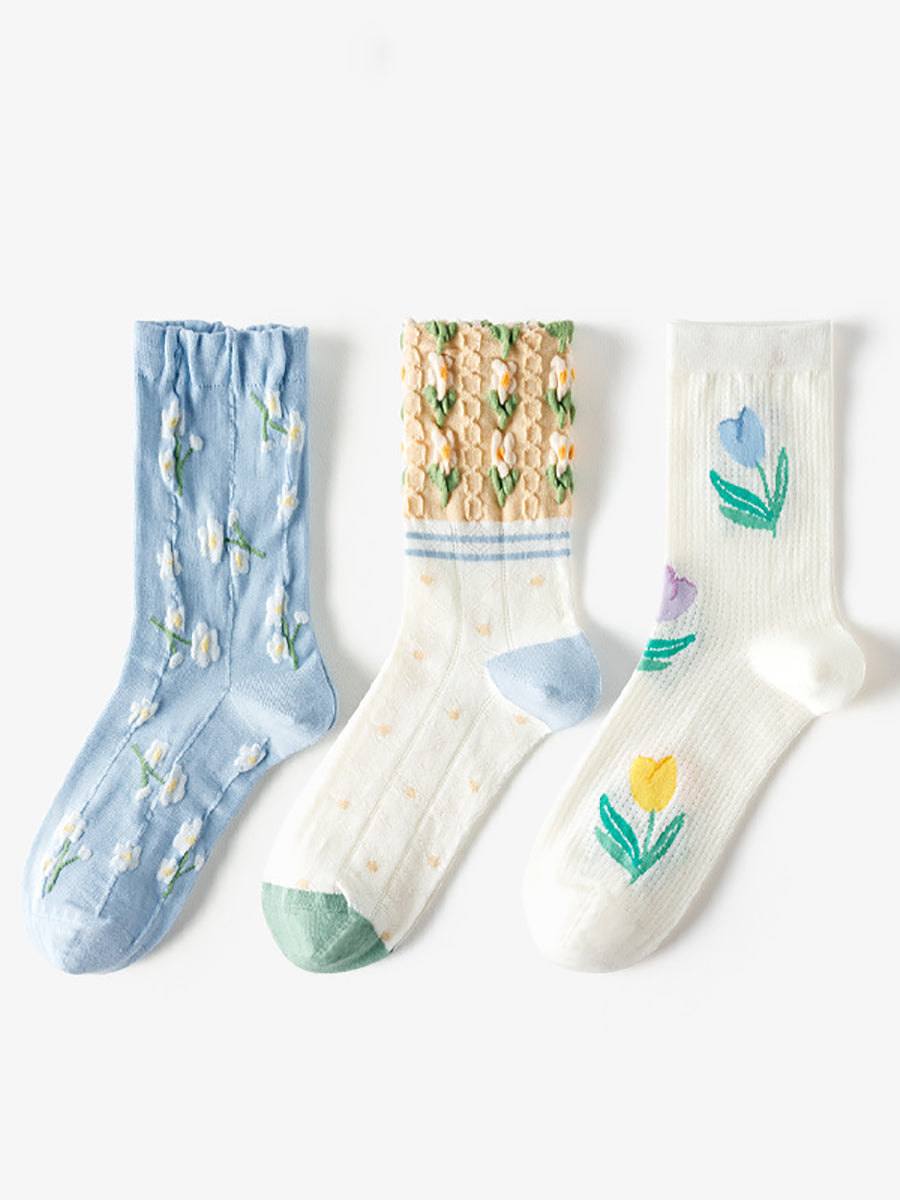 3 paires de chaussettes longues en jacquard à fleurs de printemps pour femmes