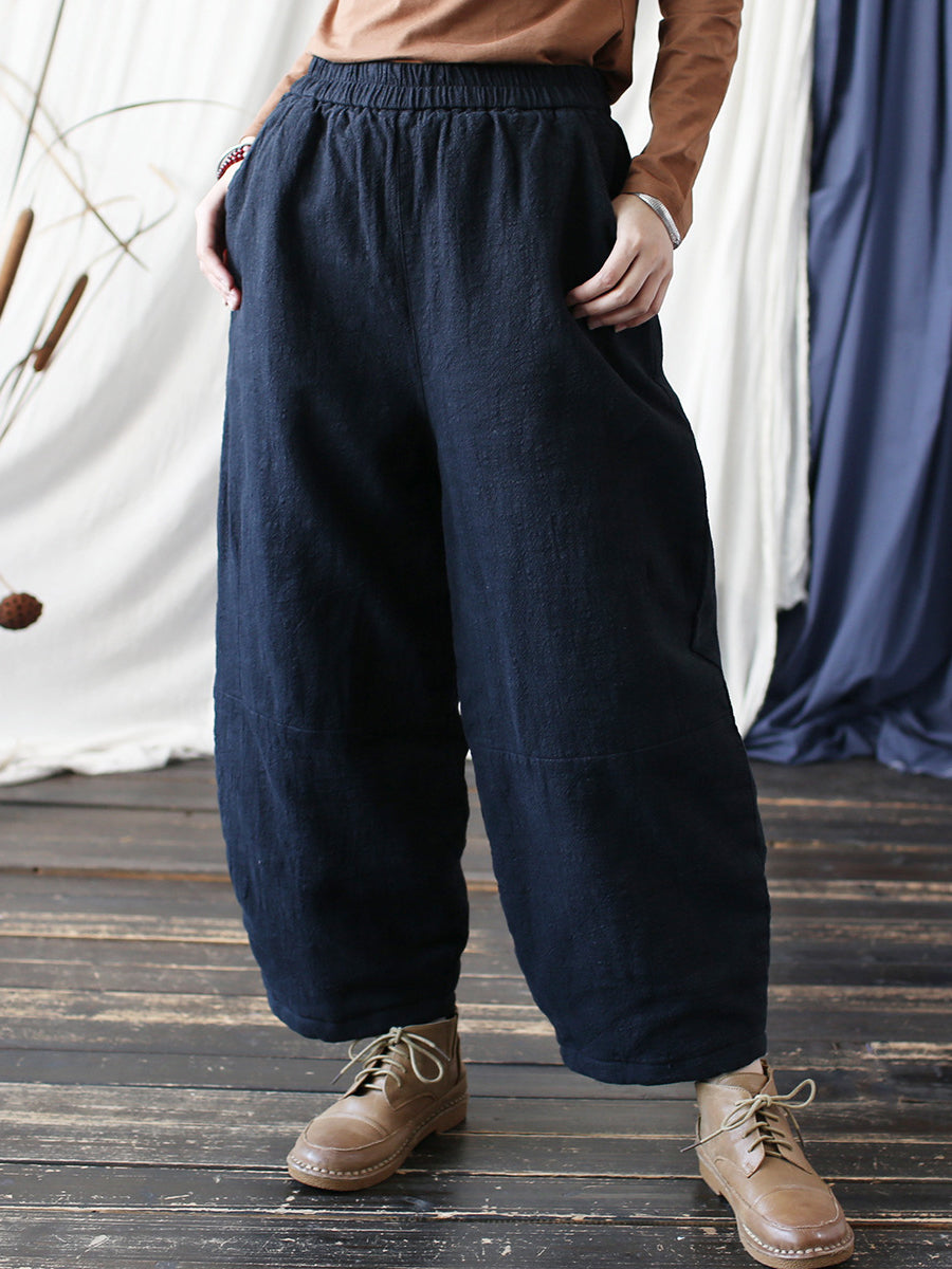 Women Vintage Winter Solid Ramie Padded Harem Pants
