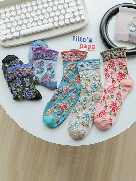 5 paires de chaussettes en coton jacquard floral vintage pour femmes