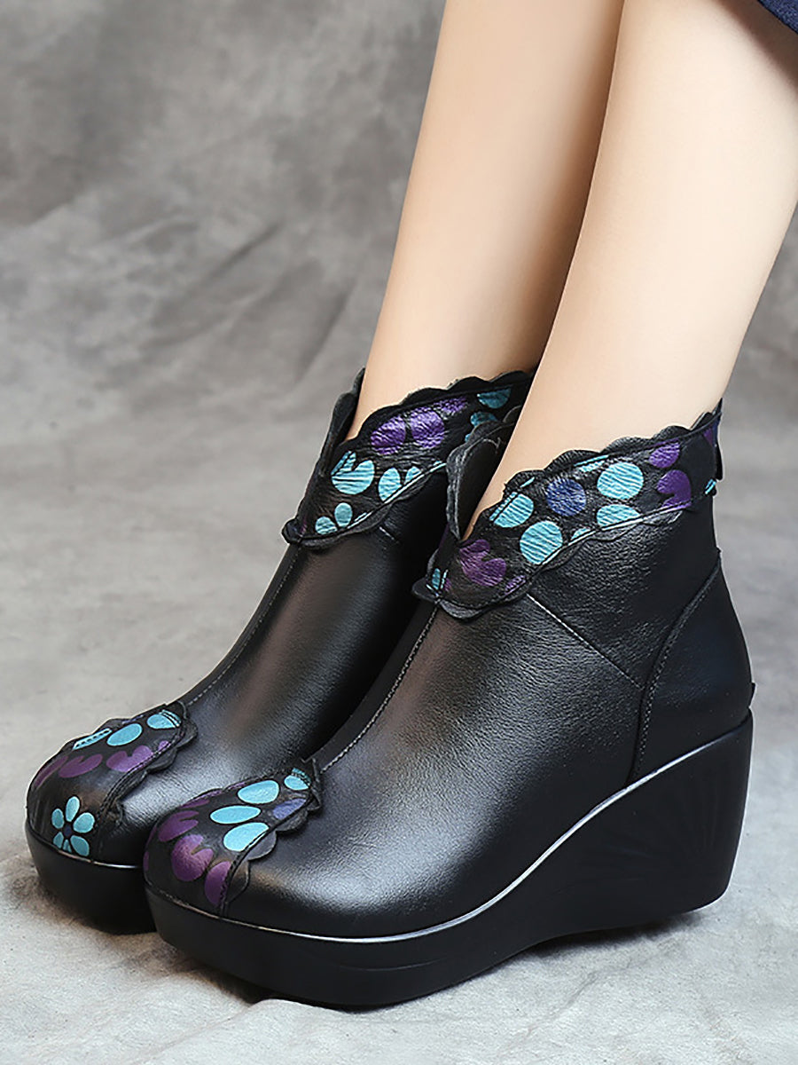 Women Elegant Flower Print Leather Platform Shoes