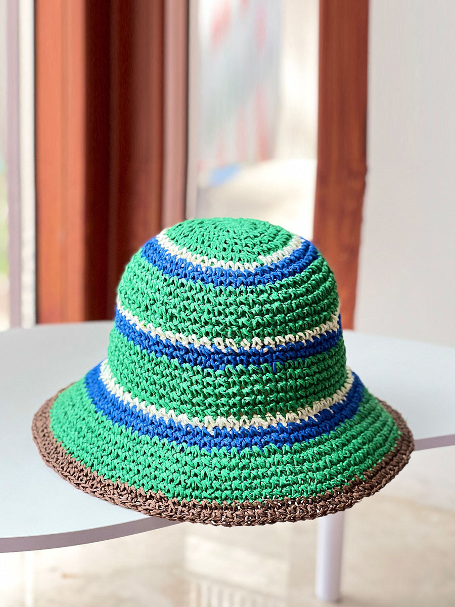 Women Summer Stripe Colorblock Knitted Straw Hat