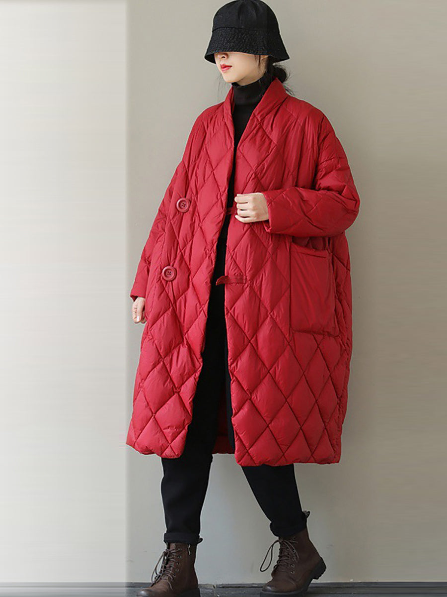 Women Vintage Winter Rhomboids Solid Cotton Padded Coat
