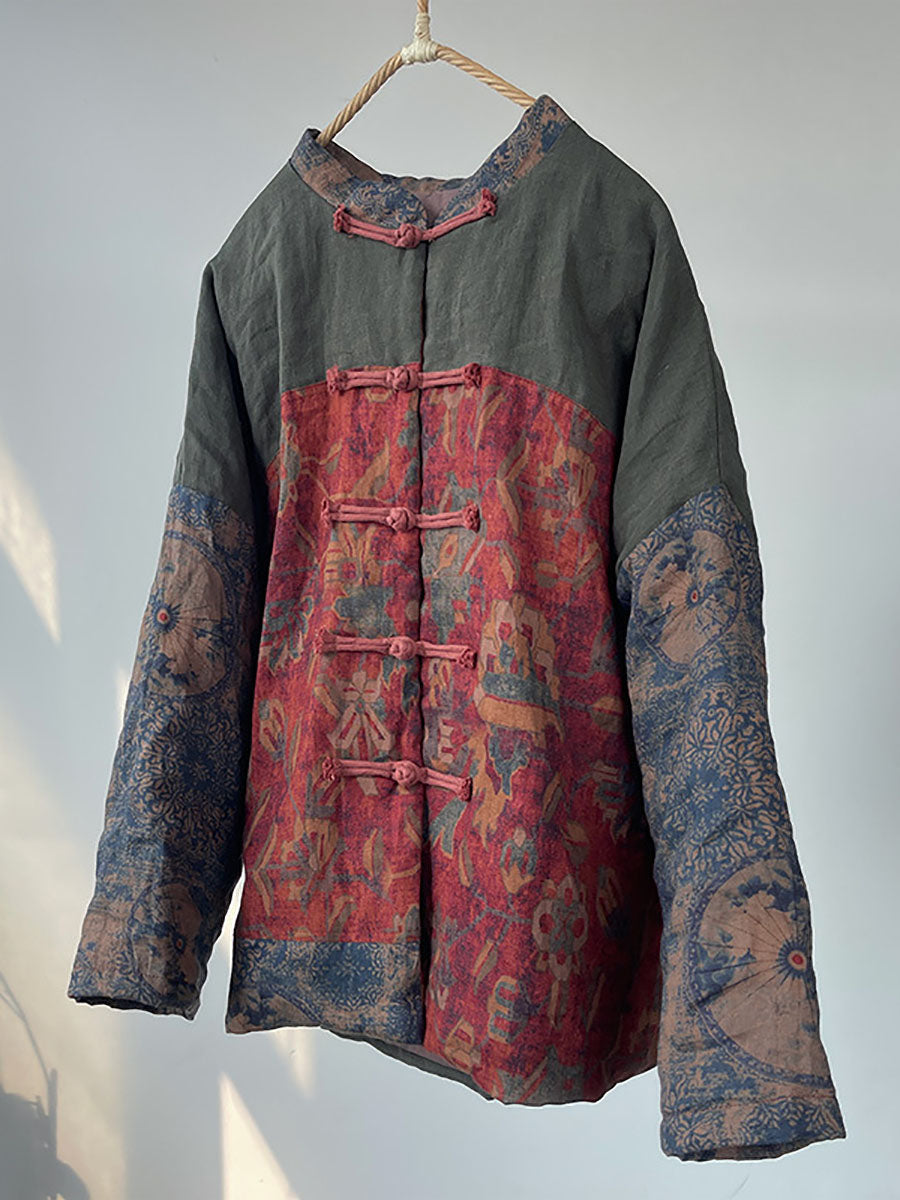 Manteau rembourré en lin Vintage National Patchwork grenouille pour femmes