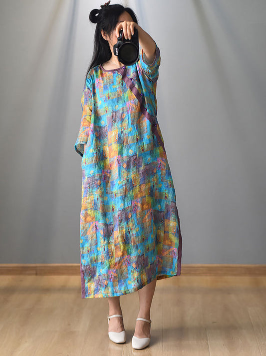 Women Summer Vintage Floral Frog Spliced Split Hem Dress
