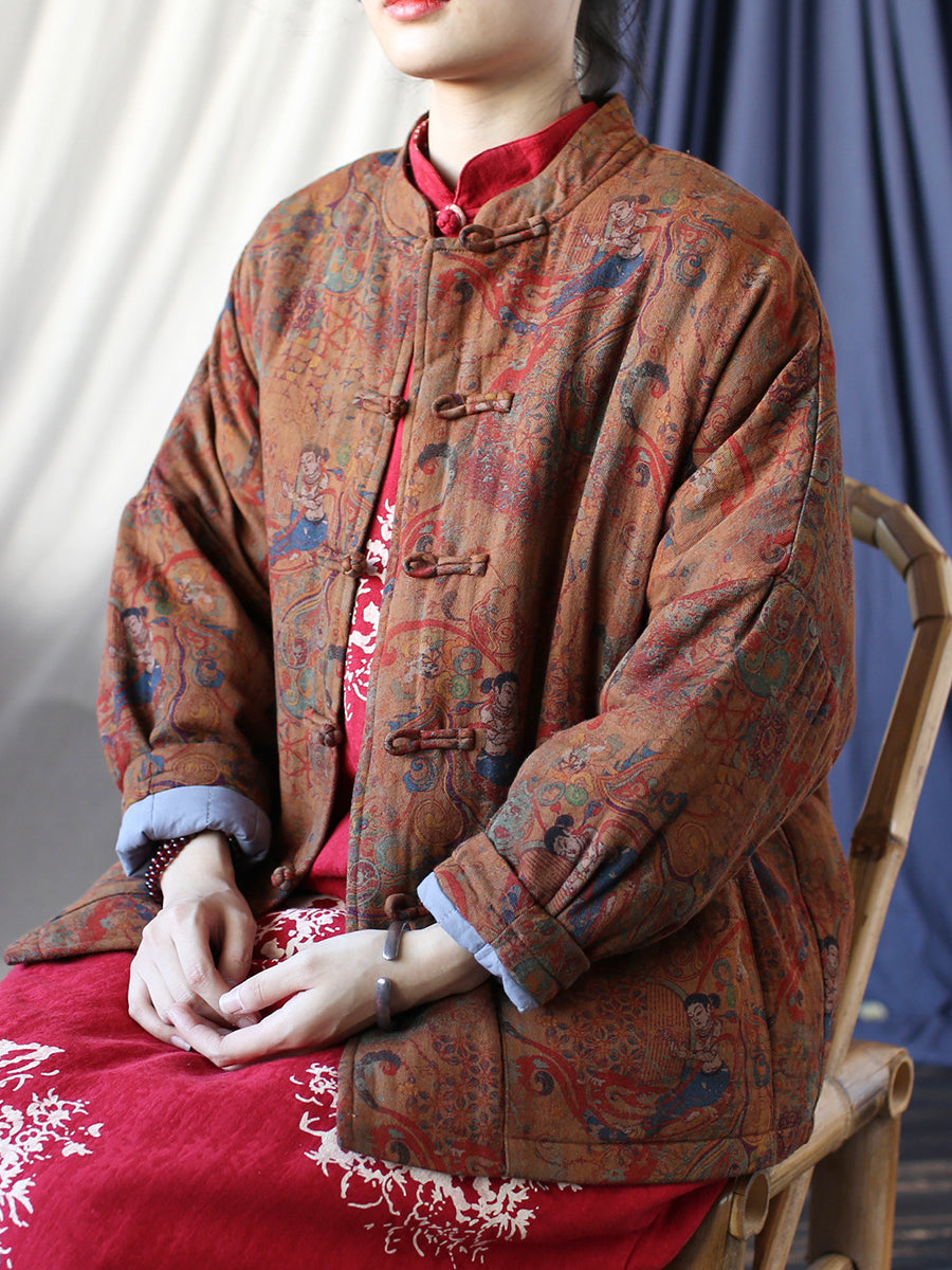 Women Ethnic Print Spliced Buckle Padded Cotton Coat