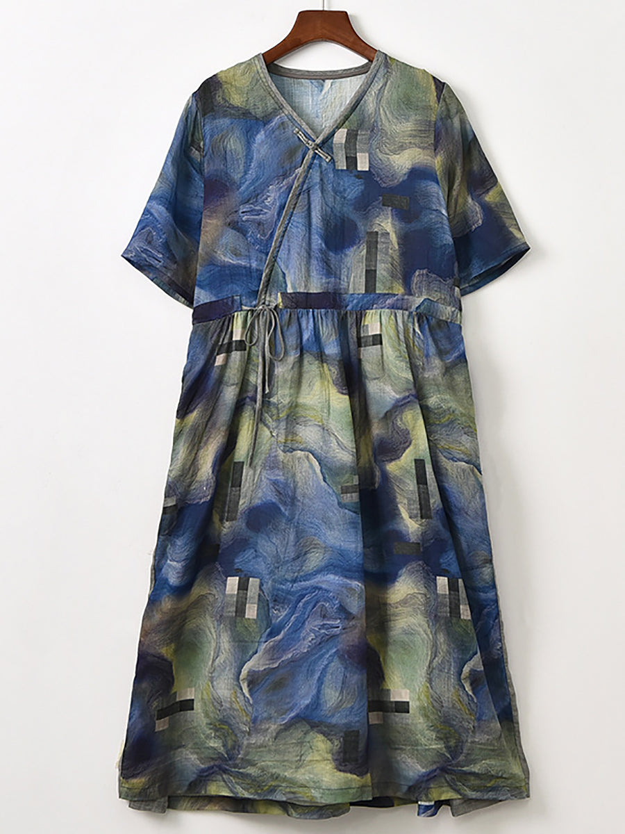 Women Summer Vintage Drawstring Spliced Ramie Dress