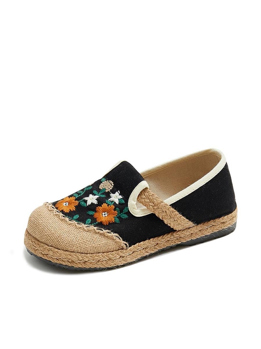 Women Summer Flower Embroidery Linen Spliced Straw Shoes