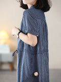 Women Summer Vintage Stripe Drawstring Button Cotton Dress