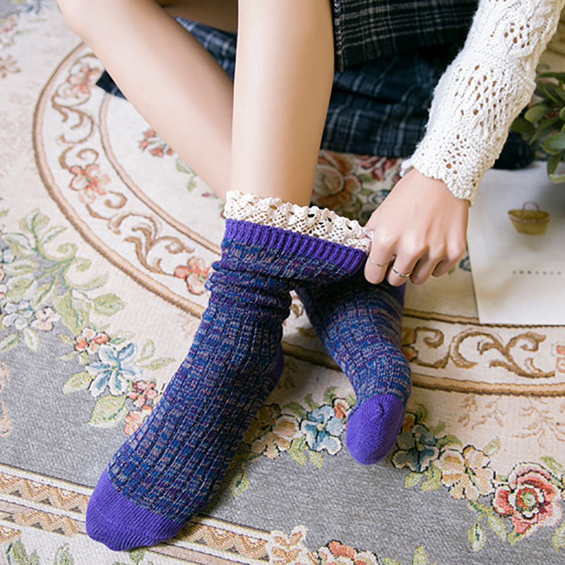 5 Pairs Women Japan Style Color Block Lace Socks
