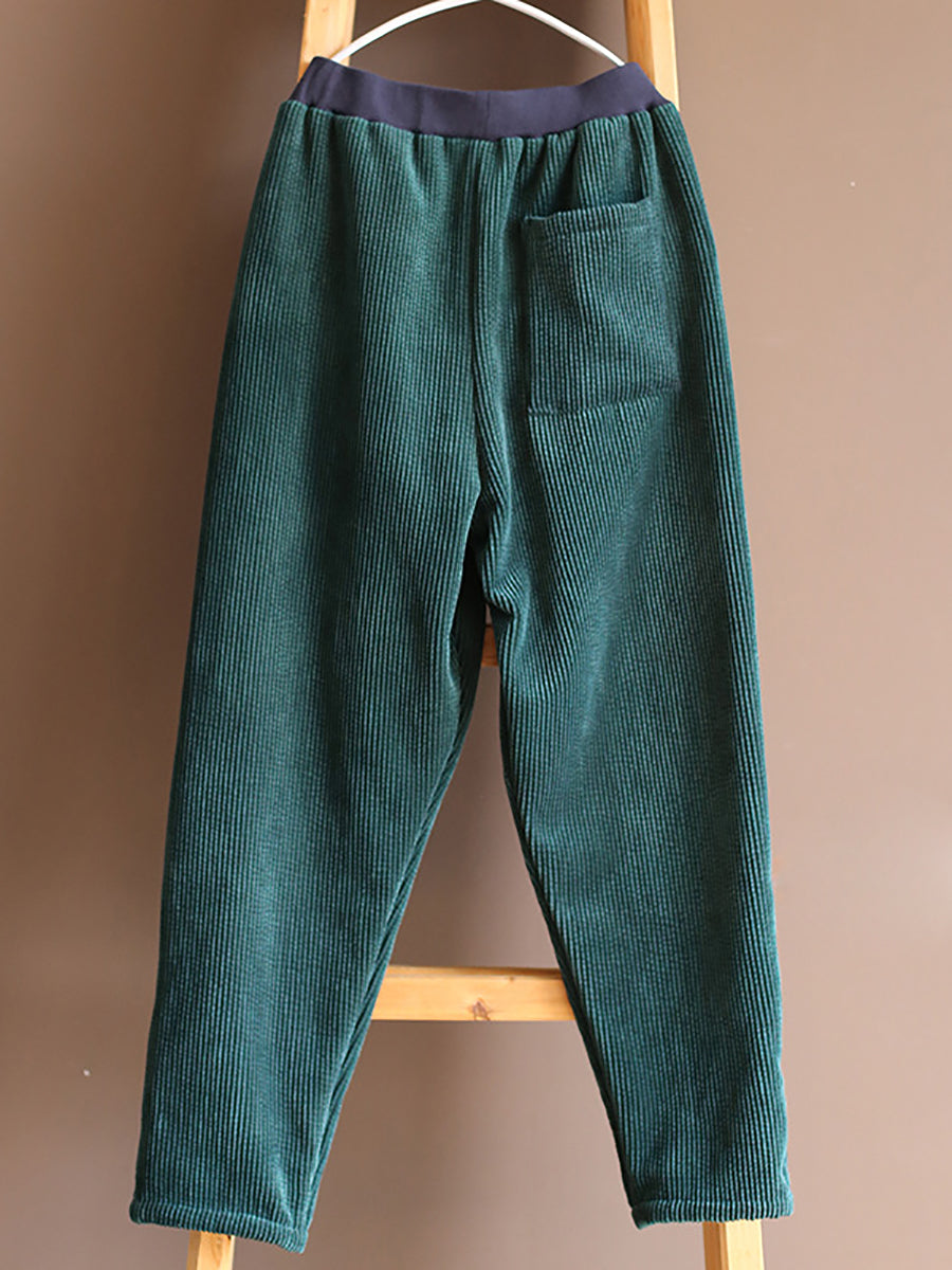 Women Vintage Corduroy Wool Liner Solid Pocket Pants