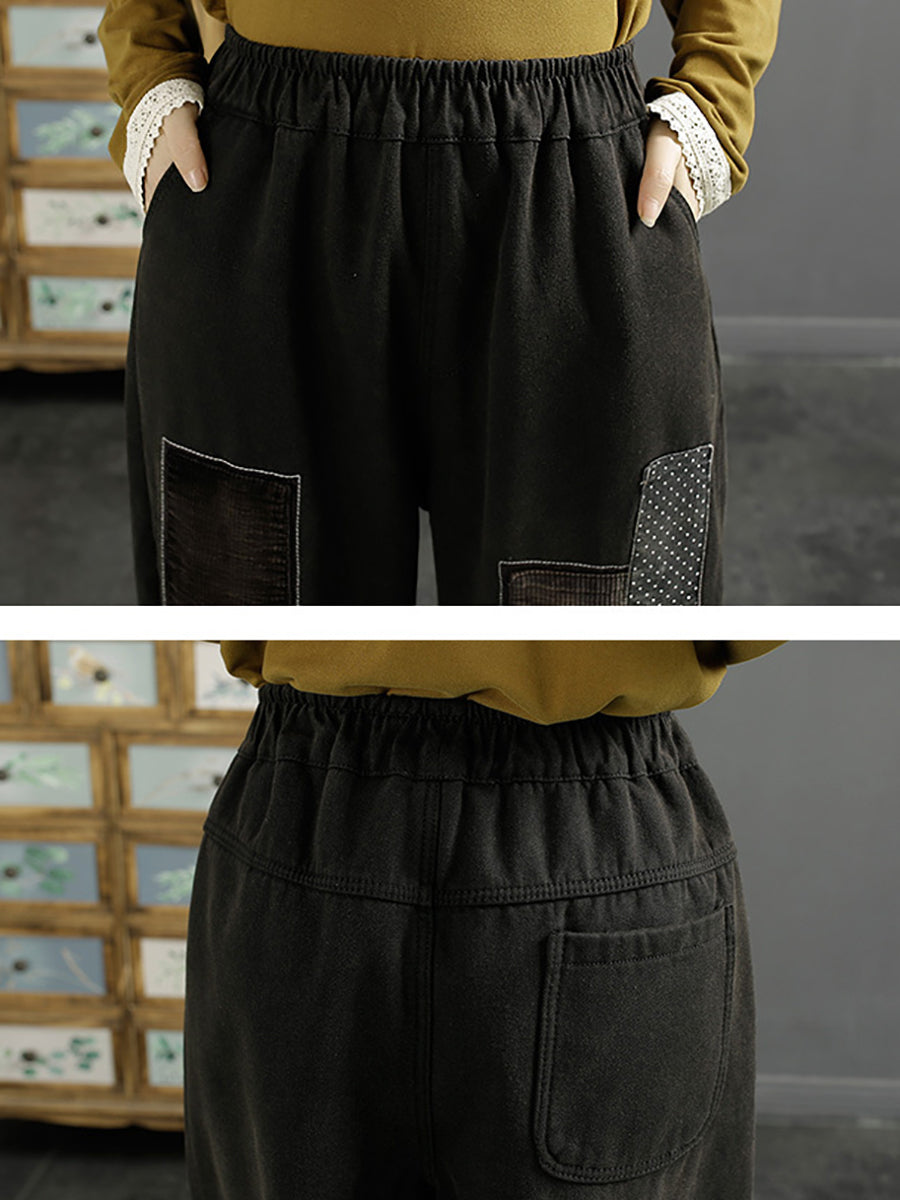 Pantalon en denim doublé de polaire épissé avec patch vintage pour femme