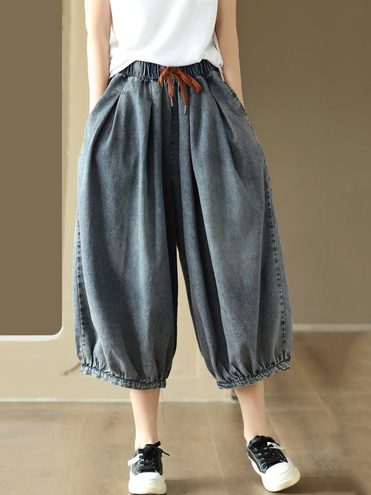 Pantalon sarouel en Denim pour femmes, décontracté, couleur unie, poches avec cordon de serrage, été