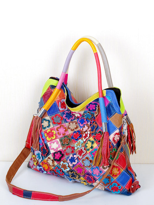 Women Vintage Leather Colorful Flower Spliced Shoulder Bag