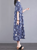 Women Summer Casual Leaf Print Loose Cotton Cardigan Dress