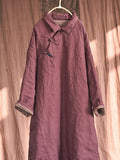 Women Chinese Vintage Frog Solid Split Hem Linen Robe Coat