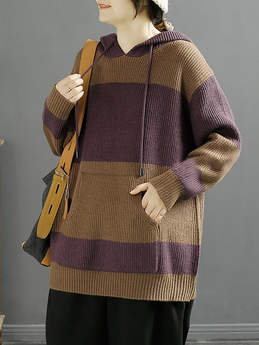 Pull à capuche tricoté décontracté Colorblock pour femmes