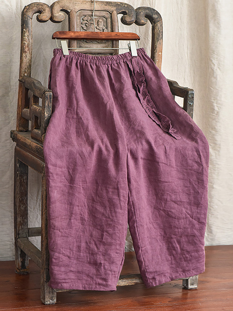 Women Casual Solid Drawstring Loose Linen Turnip Pants