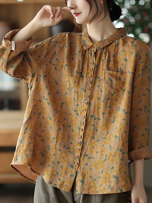 Chemise d'été en lin imprimée vintage, haut à col rabattu