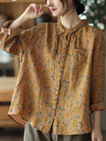 Summer Vintage Printed Linen Shirt Turn-down Collar Top