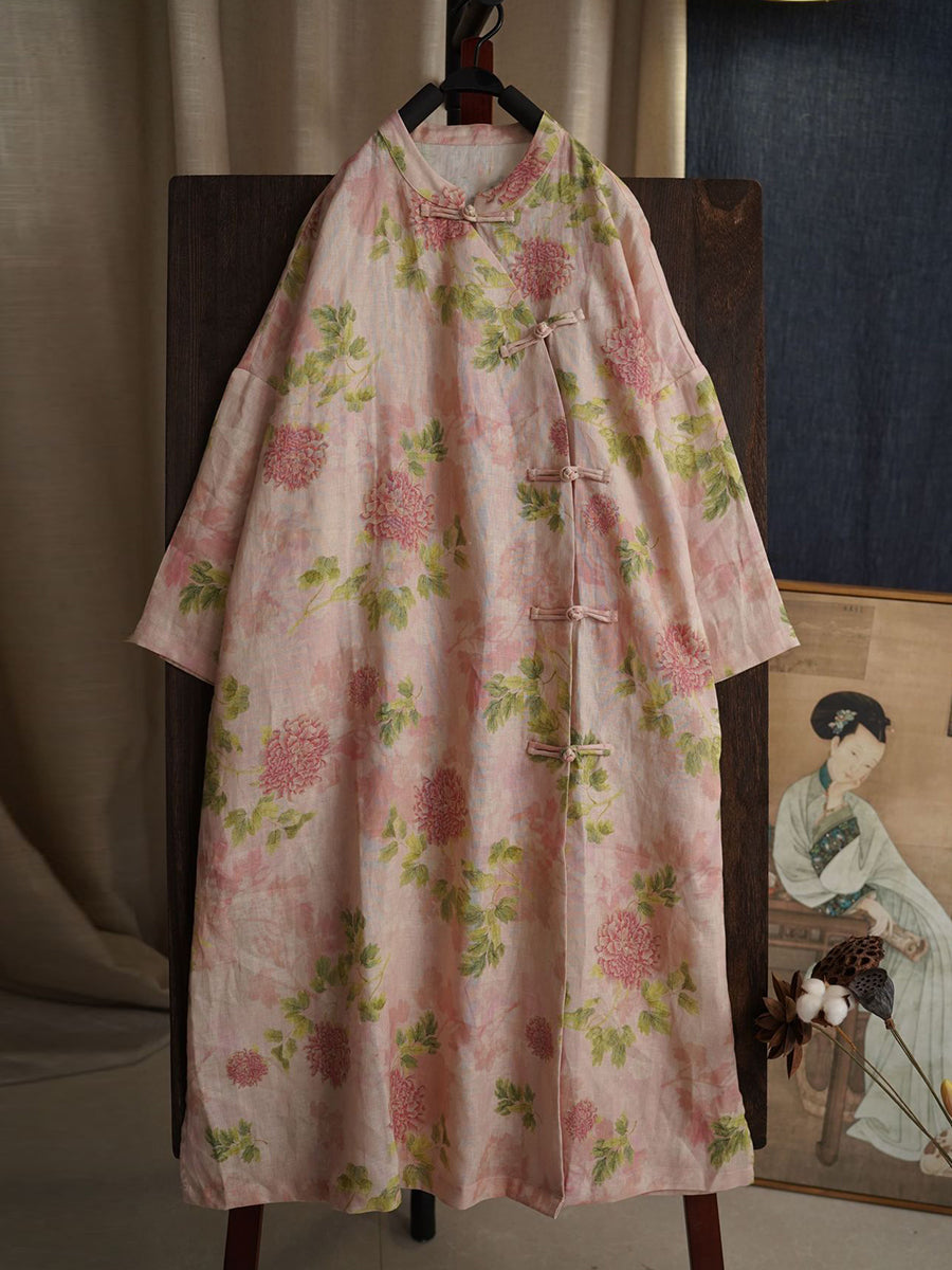 Women Ethnic Flower Crane Print Linen Robe Dress