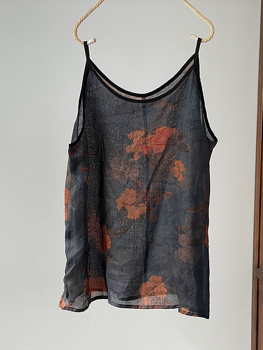 Women Summer Vintage Flower Ramie Thin Vest