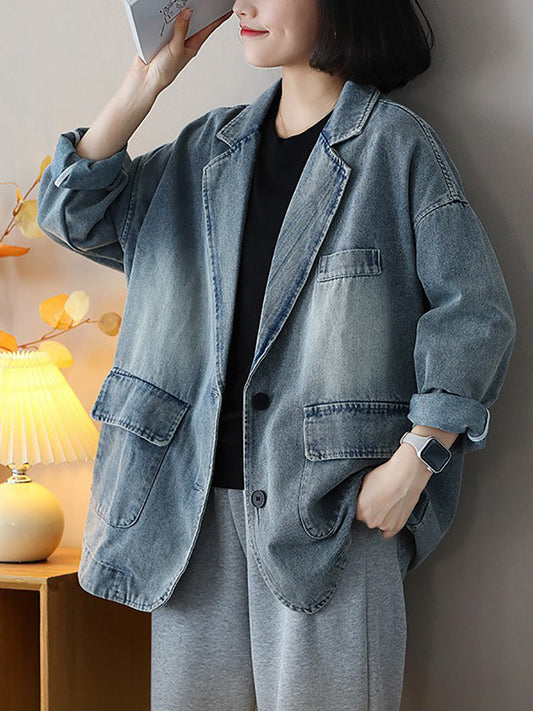 Women Vintage Spring Washed Denim Spliced Coat