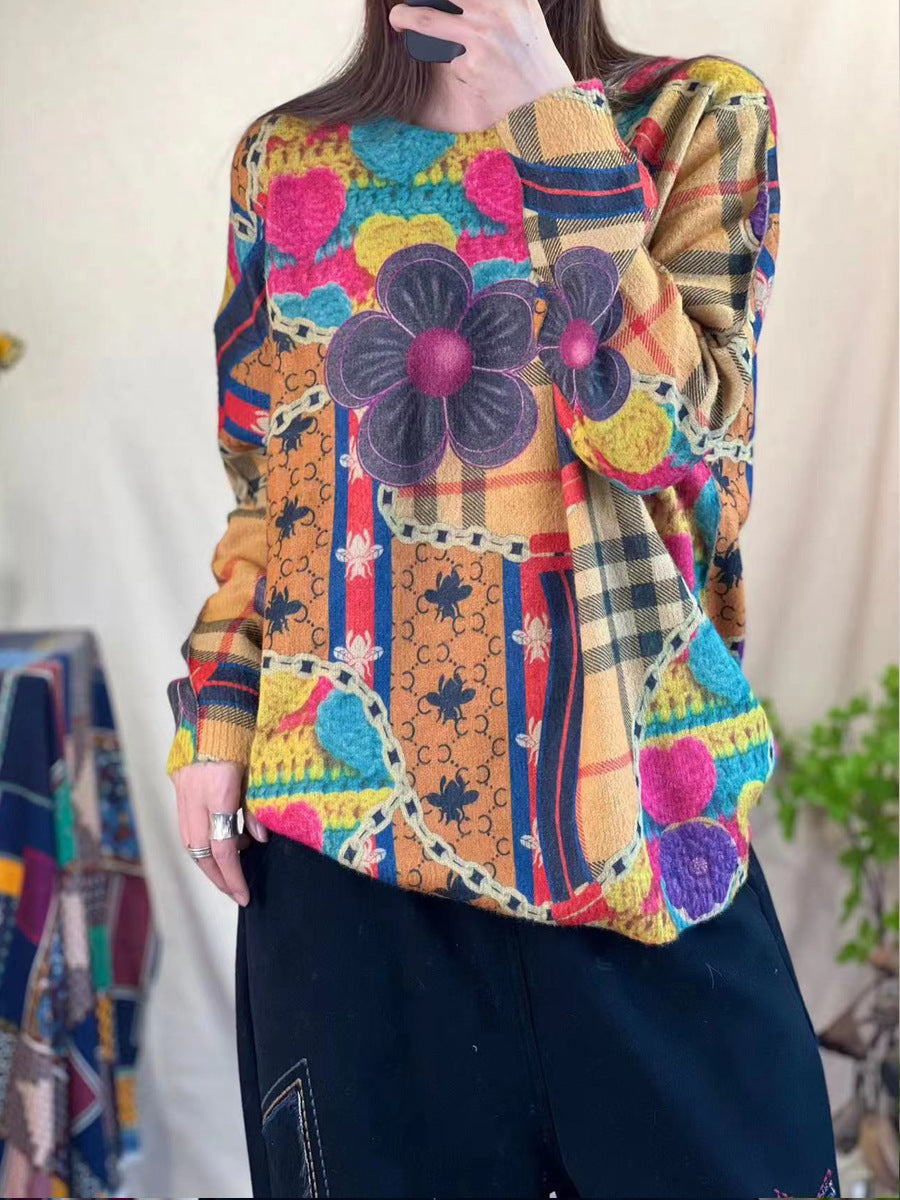 Women Vintage Flower Spliced Winter Sweater