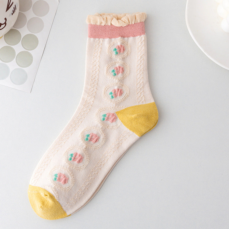 5 Pairs Women Autumn Sweet Jacquard Print Socks