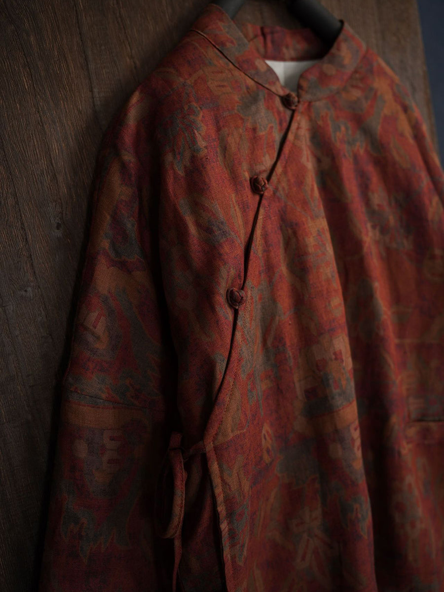 Women Ethnic Winter Flower Print Linen Padded Coat