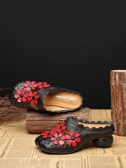 Women Summer Leather Vintage Flower Spliced Slippers