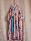 Women Vintage Flower Drwastring V-Neck Loose Ramie Dress