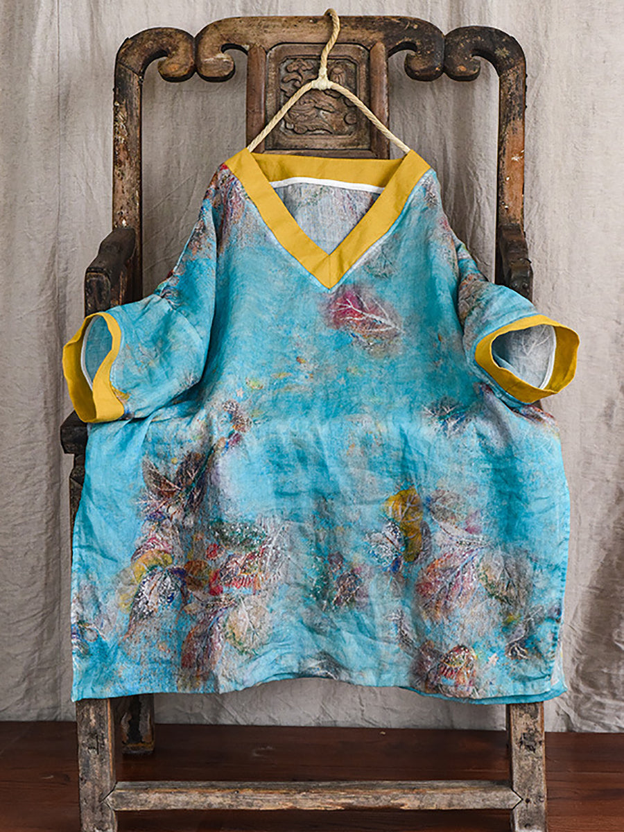 Women Summer Vintage Flower Spliced V-Neck Ramie Shirt