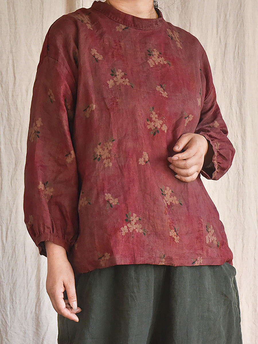Women Vintage Floral Loose Spring Linen Shirt